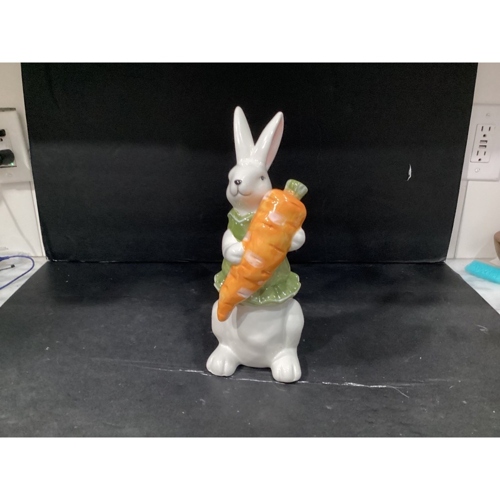 New Ceramic Bunny Rabbit Holding Carrot Easter Figurine Spring Decor 12"